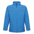The RG150 by Regatta Professional is a vibrant blue jacket equipped with a full front zipper, two side pockets, a high collar, and long sleeves.