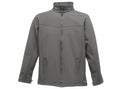 The Regatta Professional RG150 is a grey softshell jacket featuring a high collar, front zipper, and two side pockets.