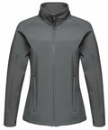 The RG151 from Regatta Professional is a gray, high-collared jacket featuring a front zipper. This design offers a sleek and streamlined appearance with its long sleeves and fitted cut, maintaining a clean look without visible logos or patterns on the fabric.