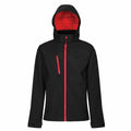 The RG152 by Regatta Professional is a black jacket with a red zipper and red interior lining, complete with a hood and a front chest pocket.