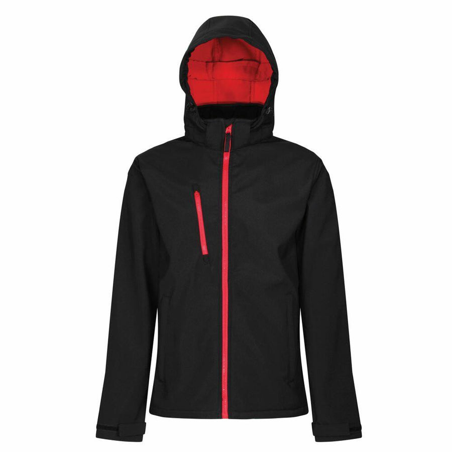 The RG152 by Regatta Professional is a black jacket with a red zipper and red interior lining, complete with a hood and a front chest pocket.
