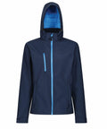 A Regatta RG152 navy blue jacket with light blue zippers and a hood. It features a front zipper, a chest pocket zipper, and two side pockets. The hood has adjustable drawstrings.