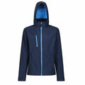 The Regatta Professional jacket, model RG152, is a navy blue hooded design featuring a front zip and two side pockets. The light blue zip and interior of the hood provide a striking contrast to the dark fabric. The jacket is showcased against a simple white background.