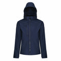 The RG152 by Regatta Professional is a navy blue hooded jacket featuring a front zipper, a zippered chest pocket, and two side pockets. It comes with adjustable cuffs and boasts a sleek design, making it perfect for outdoor activities in cool weather.