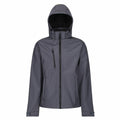 The RG152 by Regatta Professional is a gray, hooded jacket with a front zipper and a chest zip pocket. It features long sleeves with adjustable cuffs and boasts a sleek, minimalist design, making it perfect for both casual and outdoor wear.