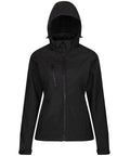 The RG153 jacket from Regatta Professional, featuring a black hood and front zipper along with a zippered chest pocket, is displayed on a mannequin.