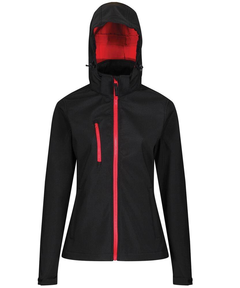Regatta Professional's RG153 is a black outdoor jacket with a red zipper and hood lining, featuring a chest pocket with a vertical red zipper.