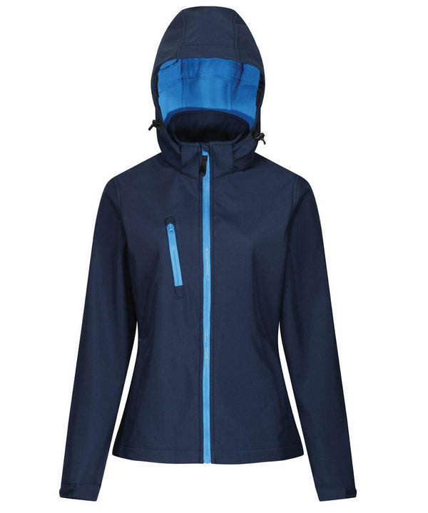 A navy blue Regatta RG153 with a hood, featuring a front zip closure and a vertical zip pocket on the left chest, accented with light blue zippers.