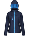 This is the Regatta Professional RG153, a dark blue hooded jacket with light blue zippers and trim. It includes a front zipper, a chest pocket with a vertical zipper, and adjustable drawstrings on the hood. The jacket is showcased against a white background.