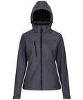 The Regatta Professional RG153 is showcased on a white background, featuring a sleek, modern design. This black hooded jacket comes with a front zipper, high collar, zippered chest pocket, and long sleeves.