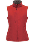 The RG155 vest by Regatta Professional is a red sleeveless fleece featuring a front zipper and side pockets.
