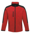 The RG157 by Regatta Professional is a red and black collared jacket featuring a front zipper and three zippered pockets, displayed on a white background.