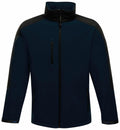 The RG157 from Regatta Professional is a dark blue jacket featuring black shoulder accents, a high collar, and zippered front pockets.