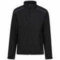 The RG158 from Regatta Hardwear is a black zip-up jacket with a high collar and zippered pockets, accented by subtle reflective stripe detailing on the shoulders.