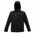 The RG160 by Regatta Professional is a black rain jacket featuring a hood, front zipper, and two side pockets.