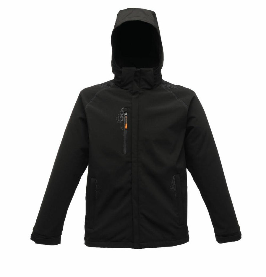 The RG160 by Regatta Professional is a black rain jacket featuring a hood, front zipper, and two side pockets.