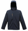 A Regatta Professional RG160 navy blue hooded jacket featuring zipped chest and side pockets.
