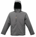 The RG160 by Regatta Professional is a gray hooded jacket featuring a front zipper and two side pockets, displayed against a plain white background.