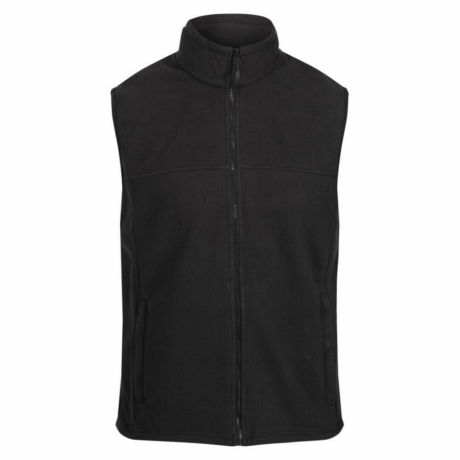 The RG182 by Regatta Professional is a black sleeveless vest featuring a front zipper and high collar, presented against a white background.