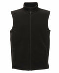 A RG185 vest from Regatta Professional, featuring a sleeveless design with a full zipper and high collar in black, is displayed against a white background.
