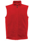 The RG185 by Regatta Professional is a red fleece vest featuring a front zipper and two side pockets.