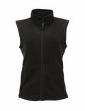 The RG186 by Regatta Professional is a black sleeveless fleece vest featuring a front zipper and a high collar.