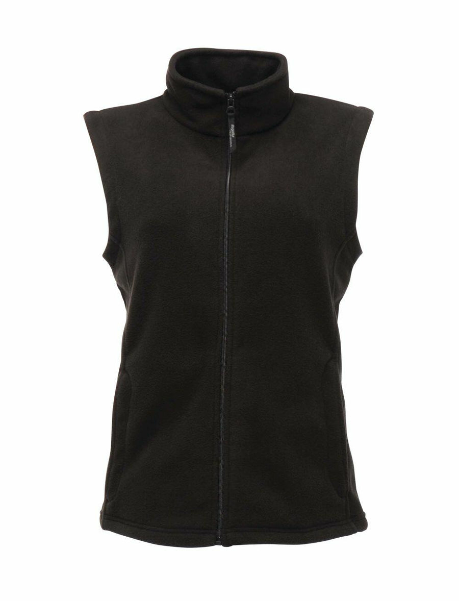 The RG186 by Regatta Professional is a black sleeveless fleece vest featuring a front zipper and a high collar.