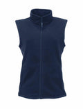 The RG186 by Regatta Professional is a navy blue fleece vest featuring a full zipper and high collar, presented on a plain white background.