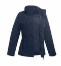 Introducing the RG192 by Regatta Professional: a navy blue women's jacket featuring a stand-up collar, open front, chest pocket, and adjustable cuffs.