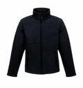 The RG194 by Regatta Professional is a black zip-up jacket featuring a high collar and two front pockets.