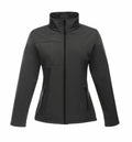 The RG195 by Regatta Professional is showcased as a sleek black jacket featuring a high collar and front zip. It includes vertical side pockets, a chest pocket on the left side, and long sleeves, making it ideal for casual or outdoor wear.