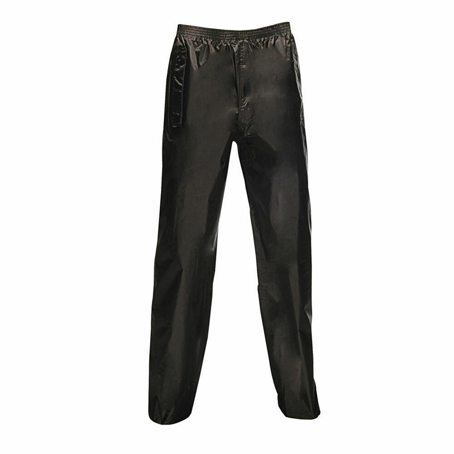 A pair of RG205 black waterproof pants from Regatta Classics, featuring an elastic waistband and two side pockets.