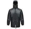 The RG206 by Regatta Classics is a black hooded rain jacket featuring a front zipper along with adjustable drawstrings at the waist and hem.