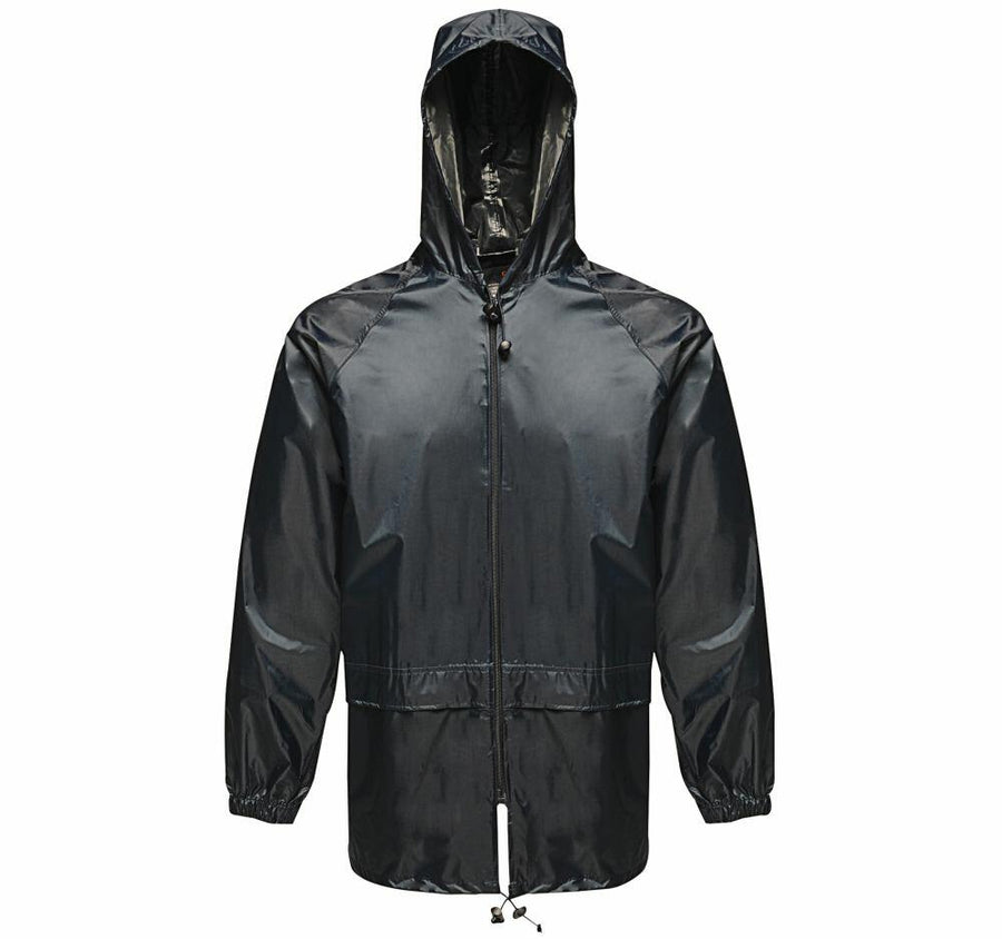 The RG206 by Regatta Classics is a black hooded rain jacket featuring a front zipper along with adjustable drawstrings at the waist and hem.