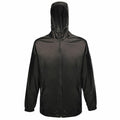 The RG207 by Regatta Professional is a black jacket featuring a zip-up design, hood, long sleeves, and two front pockets.