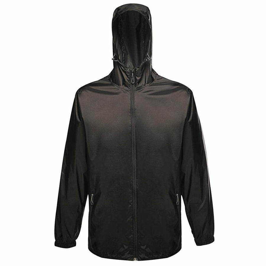 The RG207 by Regatta Professional is a black jacket featuring a zip-up design, hood, long sleeves, and two front pockets.
