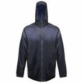 The RG207 by Regatta Professional is a navy blue hooded rain jacket featuring a front zipper and zippered pockets.