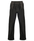 RG208 waterproof pants in black, featuring an elastic waistband and side pockets, showcased on a plain white background. Crafted by Regatta Professional.