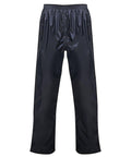 The RG208 black waterproof pants from Regatta Professional, featuring an elastic waistband and side zippers, are displayed against a white background.