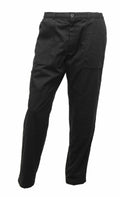 The RG233 by Regatta Professional features black cargo pants with side pockets, a button closure, and straight legs on a white background.