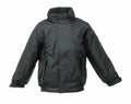 The RG244 by Regatta Junior is a black insulated jacket featuring a high collar, front zipper, two side pockets, and elastic cuffs.