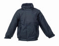 The RG244 by Regatta Junior is a navy blue winter jacket featuring a high collar and two front pockets.