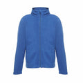 The product displayed is the Regatta Junior RG248, a blue zip-up fleece jacket featuring a high collar, long sleeves, and two front pockets. It is shown against a plain white background.
