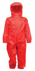 The RG252 by Regatta Junior is a bright red rain suit for children, featuring a hood, front zipper, and elastic cuffs.