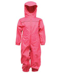 Regatta Junior's RG252, a pink waterproof children's rain suit, features a hood and zipper closure, shown from the front.