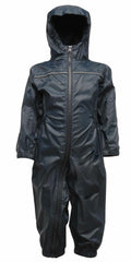 A waterproof children's snowsuit in dark green featuring a hood and front zipper by Regatta Junior, product name RG252.