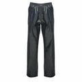 Regatta Junior RG254 black waterproof rain pants featuring an elastic waistband, showcased against a white background.