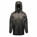 A black waterproof RG255 raincoat by Regatta Junior, featuring a hood and front zipper.