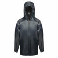 Product RG255 by Regatta Junior is a black waterproof raincoat featuring a hood, front zipper, and two pockets.