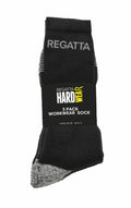 A pack of three workwear socks in black and grey, labeled with the product name "RG287" from the Regatta Hardwear brand, available in size Euro 39-46, UK 6-11.